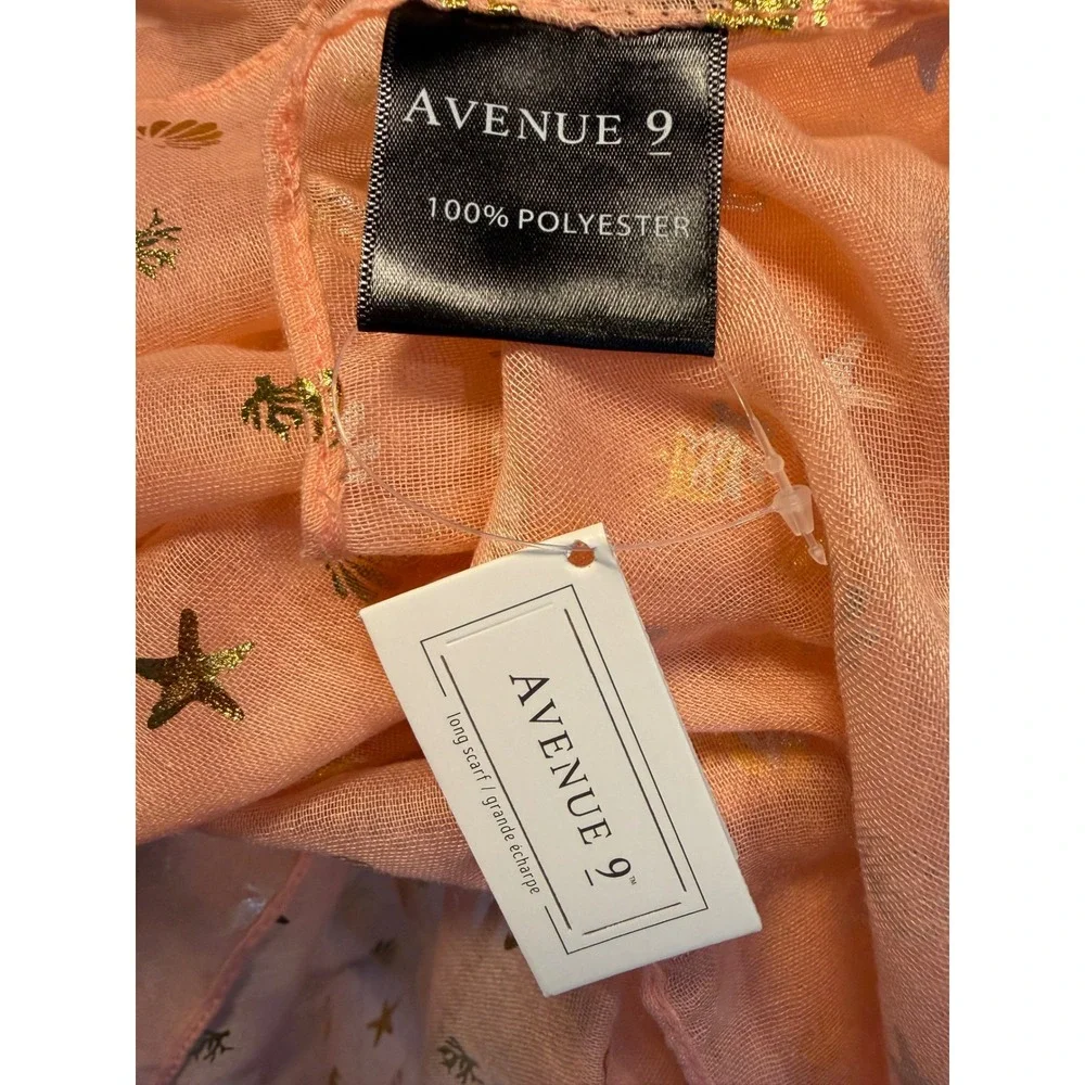 Avenue 9 Peach Gold Foil Nautical Scarf Shell Starfish Seahorse Beach Wrap NWT